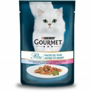GOURMET Perle Gatto Piaceri del mare con Pesce dell'Oceano e Gamberetti interi - 85 gr