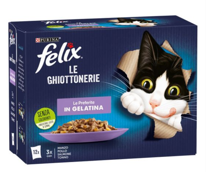 Purina Felix Le Ghiottonerie Le Preferite in gelatina - Manzo, Pollo, Salmone e Tonno - Confezione Multipack 12 pz
