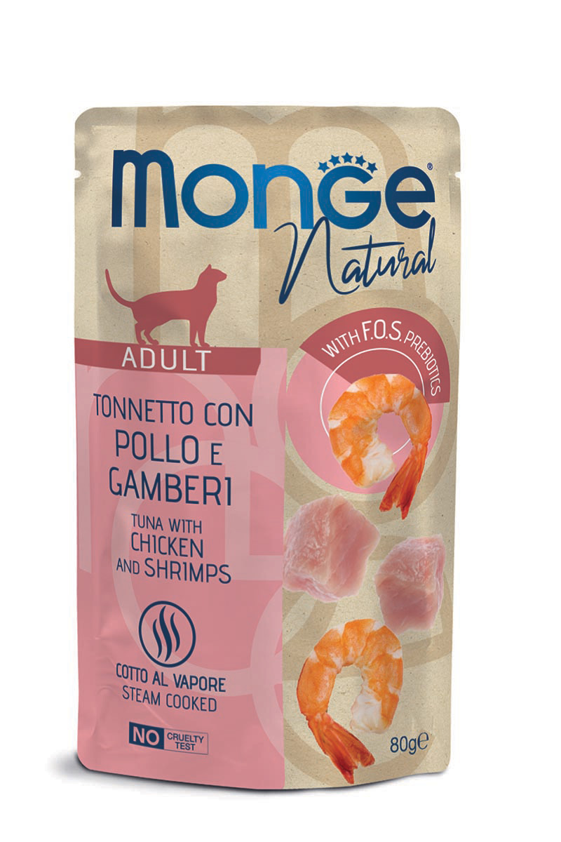Monge - Natural Superpremium Cotti a Vapore con Tonno, Pollo e Gamberetti - 80 gr
