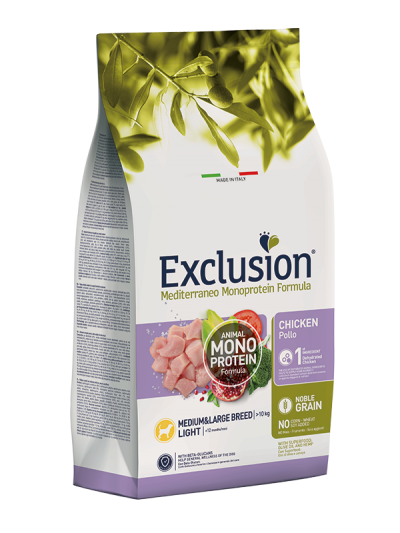 Exclusion - Mediterraneo Monoprotein Adult Medium/Large Breed Light con Pollo- 12 kg PREZZO COMPRESO LA SPEDIZIONE € 58,40