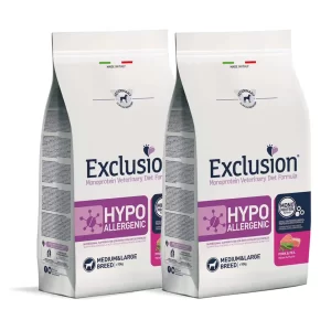 2 SACCHI Exclusion Diet Hypoallergenic Medium Large Maiale Piselli 12 kg PREZZO SINGOLO SACCO 80,34€ COMPRESA LA SPEDIZIONE