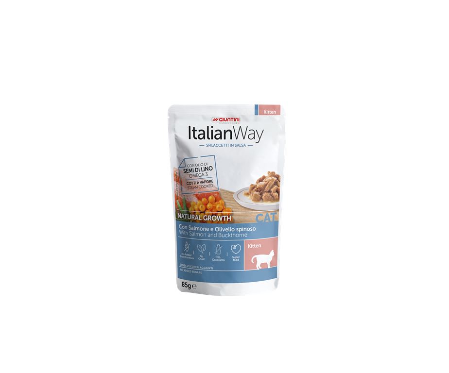 Italian Way CAT Kitten Natural Growth Sfilaccetti in salsa – Ricco in Salmone e Olivello Spinoso - 85 gr