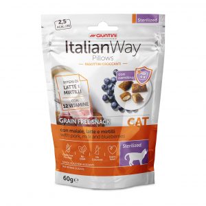 Italian Way CAT Sterilised Adult Grain Free Snack Pillows con Maiale, Latte e Mirtilli - 60 gr