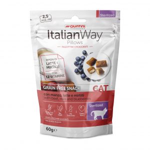 Italian Way CAT Sterilised Adult Grain Free Snack Pillows con Manzo, Latte e Mirtilli - 60 gr