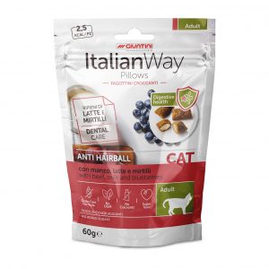 Italian Way CAT Pillows Anti Hairball ricco in Manzo, con Latte e Mirtilli- 60 gr